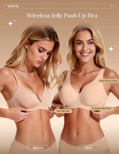 Vertvie 2026 Womens Wireless Jelly Bras Push Up Cup-Engineered Support Deep V Lift Bra Seamless No Underwire T-Shirt Bralette(Sand,36C)