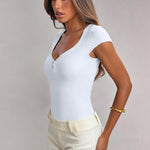 OQQ Women Bodysuit Short Cap Sleeves Tummy Control One Piece Going Out Tops White