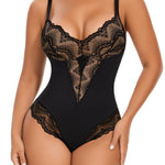 Werena Lace Tummy Control Shapewear Bodysuit for Women Slimming Body Shaper V Neck Sculpting Thong Bodysuit(A#02 Black+Beige(Sculpting),3X-Large)