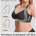 Gailife Scalloped Lift Bras for Women Soft Push Up Wireless Bra Supportive V Neck No Underwire Seamless Tshirt Bralettes, Black, L