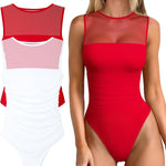 OQQ Women 2 Piece Bodysuit Mesh Ruched Sleeveless Turtle Neck Shapewear Body Suits One Piece Leotard Shirt Going Out Tops