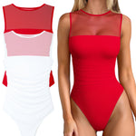 OQQ Women 2 Piece Bodysuit Mesh Ruched Sleeveless Turtle Neck Shapewear Body Suits One Piece Leotard Shirt Going Out Tops Red White