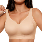 SHAPELLX No Underwire Wireless Padded Bras for Older Women Soft Supportive Push Up Full Coverage Minimizer Bra (Beige Large)