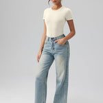 OQQ Women's Crew Neck Short Sleeve Bodysuit Ruched Stretch Vacation Basic for Tops Spring & Summer