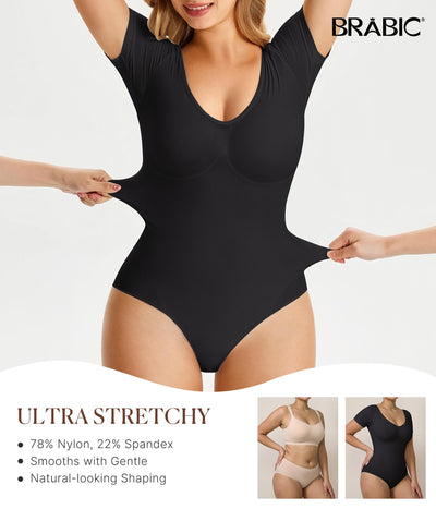 BRABIC Short Sleeve Shapewear Bodysuit for Women Tummy Control V Neck Backless Seamless Body Shaper(Black, Medium)