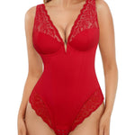 Popilush Lace Bodysuits for Women Tummy Control Red Body Suits Deep V Neck Thong Shapewear Going Out Corset Tops