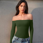 OQQ Bodysuits Womens Off-Shoulder Long Sleeve Seamless Shapewear Tops Armygreen