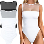 OQQ Women 2 Piece Bodysuit Mesh Ruched Sleeveless Turtle Neck Shapewear Body Suits One Piece Leotard Shirt Going Out Tops