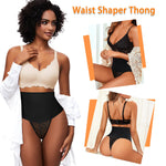Werena Tummy Control Thong Shapewear for Women Mid High Waisted Body Shaper Underwear Lace Shaping Thong Girdle Panties(#A1 Mid Rise Black,Small)