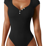 OQQ Women Bodysuit Short Cap Sleeves Tummy Control One Piece Going Out Tops