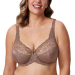 DELIMIRA Women's Plus Size Full Coverage Underwire Unlined Minimizer Lace Bra Brown Purple 36E