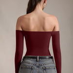 OQQ Bodysuits Womens Off-Shoulder Long Sleeve Seamless Shapewear Tops Darkred