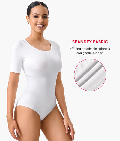 Nebility White Bodysuit for Women Shapewear Tummy Control Seamless Body Shaper Short Sleeve Body Suits for Womens Crew Neck Tank Tops