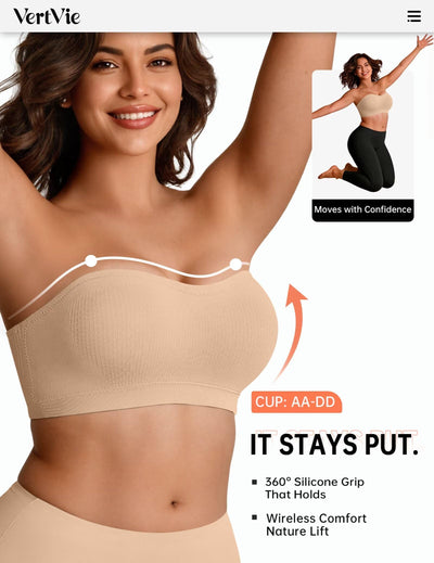 Vertvie Strapless Bra Wireless Non-Slip Push Up Bandeau Bras for Women Full Support Tube Tops Padded Bralette S-Large Breasts(Praline,Medium)