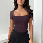 OQQ Women Short Sleeve Bodysuit Square Neck Tummy Control Shapewear Mesh Ruched One Piece Leotard Shirts Going Out Tops