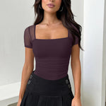 OQQ Women Short Sleeve Bodysuit Square Neck Tummy Control Shapewear Mesh Ruched One Piece Leotard Shirts Going Out Tops Deeppurple