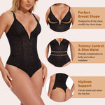 JOYSHAPER Lace Shapewear Bodysuits Deep V Lace Corset Tops Thong Bodysuits Tummy Control Body Shaper Black M