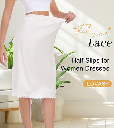 Lovasy Women Satin Half Slips Lace Long Underskirt Anti Static Under Skirt Soft Slip Dress for Skirts Dresses White,X-Large