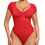 FeelinGirl Bodysuit for Women Tummy Control Women's Short Sleeve V Neck Sexy Tops for Going Out Thong Bodysuit for Womens Rust Red L