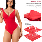 Nebility Shapewear Bodysuits for Women Tummy Control Body Shaper Deep V Neck Thong Body Suits (Red,Small)