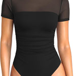 OQQ Women Short Sleeve Bodysuit Tummy Control Shapewear Mesh One Piece Leotard Shirts Going Out Tops