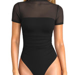 OQQ Women Short Sleeve Bodysuit Tummy Control Shapewear Mesh One Piece Leotard Shirts Going Out Tops Black