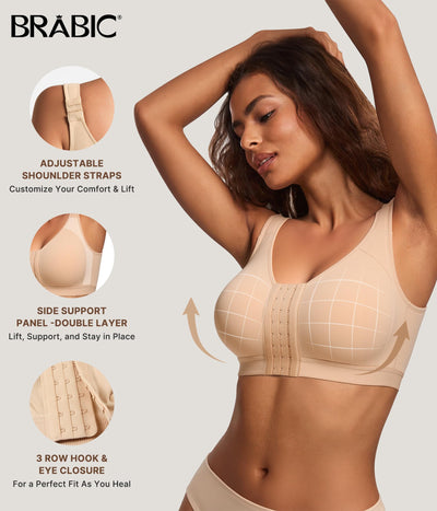 BRABIC Post Surgery Compression Bras for Women's Front Closure Full Coverage Surgical Bra with Adjustable Straps Wireless Bralette, Beige, L