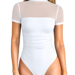 OQQ Women Short Sleeve Bodysuit Tummy Control Shapewear Mesh One Piece Leotard Shirts Going Out Tops White