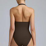 OQQ Women Halter Neck Bodysuits 2 Pack Sleeveless Shapewear One Piece Leotard Shirt Going Out Tops Black Darkbrown