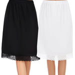 Lovasy 2 Pieces Half Slips for Women Long Underskirt Anti Static Satin Under Skirt with Floral Lace Trim Slip Dress for Skirts Dresses Black & White,X-Large