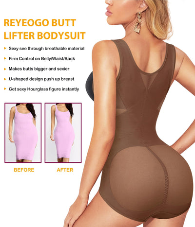 REYEOGO Shapewear Bodysuit for Women Tummy Control Butt Lifter Panty Hi-Waist Trainer Stomach Body Shaper Slimming Girdles (Brown, Large)