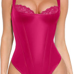 Popilush Faux Leather Shapewear Bodysuit Lace Corset Body Suits for Womens | Tummy Control Shapewear,Thong Body Shaper,Compression Bodysuit Women,Corset Tops for Country Concert,Going Out Summer Outfit