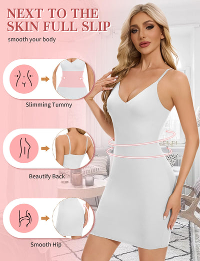 SLIMBELLE Shapewear Slips For Under Dress Deep V Neck Adjustable Strap Tummy Control Full Slip Seamless Shaper For Women White S