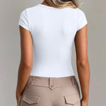 OQQ Women Bodysuit Short Cap Sleeves Tummy Control One Piece Going Out Tops White