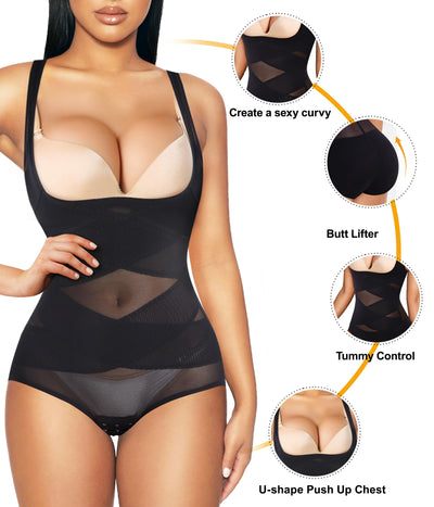 REYEOGO Shapewear Bodysuit for Women Tummy Control Butt Lifter Panty Hi-Waist Trainer Stomach Body Shaper Slimming Girdles(Black, Medium)