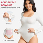 Nebility White Long Sleeve Bodysuits for Women Tummy Control Shapewear Square Neck Body Suits Bell Sleeves(Medium,White)
