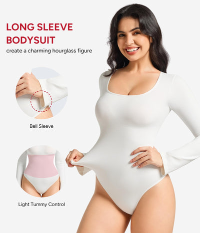 Nebility White Long Sleeve Bodysuits for Women Tummy Control Shapewear Square Neck Body Suits Bell Sleeves(Medium,White)