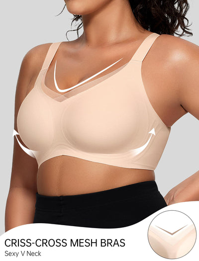 OEAK Womens Wireless Jelly Bras V Mesh Comfortable Bralette Supportive Tshirt Bra No Underwire Seamless Push Up Everyday Bras Nude L