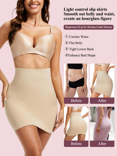 JOYSHAPER Half Slips Shapewear Skirt Under Dresses Tummy Control High Waist Slip Skirt With Built In Shapewear