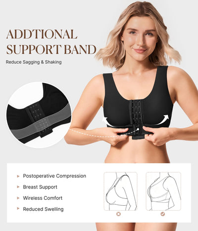 BRABIC Front Closure Post Surgery Compression Bra for Women Mastectomy Post Surgical Wireless Bras with Breast Support Band (Black,Large)