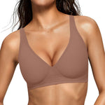 OEAK Womens Deep V Bras Wireless Comfortable Bra Supportive No Underwire Bras Tshirt Push Up Bralettes Plunge Seamless Bra Coffee M