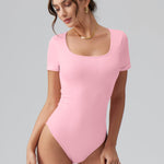 OQQ Women Bodysuits Ruched Short Sleeve Square Neck Stretch Lounge Travel Bodysuits Pink bean paste