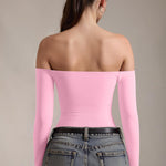 OQQ Bodysuits Womens Off-Shoulder Long Sleeve Seamless Shapewear Tops Pink cherry blossom