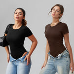 OQQ Women's Crew Neck Short Sleeve Bodysuit Ruched Stretch Vacation Basic for Tops Spring & Summer Black
