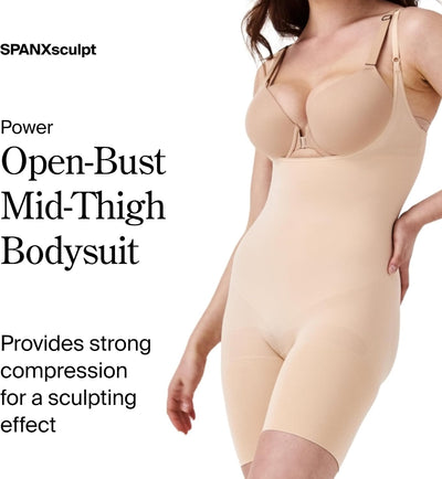 SPANX SPANXsculpt Power Series Open-Bust Mid-Thigh Bodysuit - Level 4 Compression - Lightweight Body Shapewear for Women
