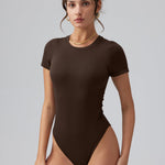 OQQ Women's Crew Neck Short Sleeve Bodysuit Ruched Stretch Vacation Basic for Tops Spring & Summer Darkbrown