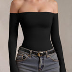 OQQ Bodysuits Womens Off-Shoulder Long Sleeve Seamless Shapewear Tops Black