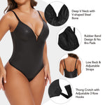 SHAPERIN Women's Deep V Neck Faux Leather Corset Bodysuit Tummy Control Shapewear Thong Body Shaper Plunge Cami Top (Medium,Black)