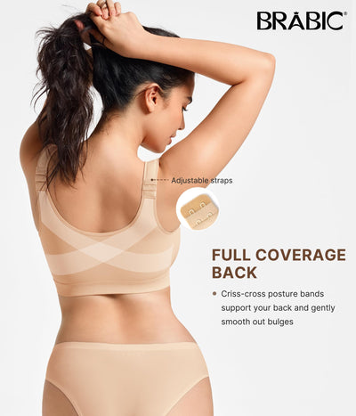 BRABIC Front Closure Bras for Women Compression Surgical Bra No Underwire Full Coverage Wireless Bralette, Beige, XXL