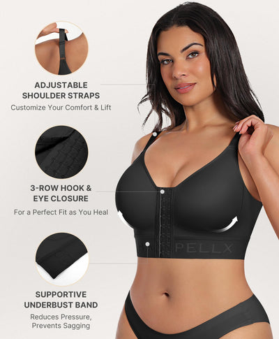 SHAPELLX Post Surgery Bras for Women Front Closure Compression Bra Wireless Mastectomy Bras Adjustable Straps Black M